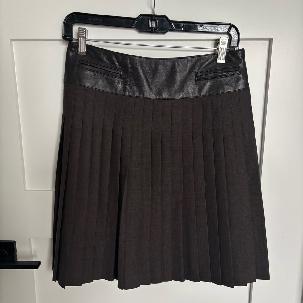 Worth brown pleated skirt with leather trim
